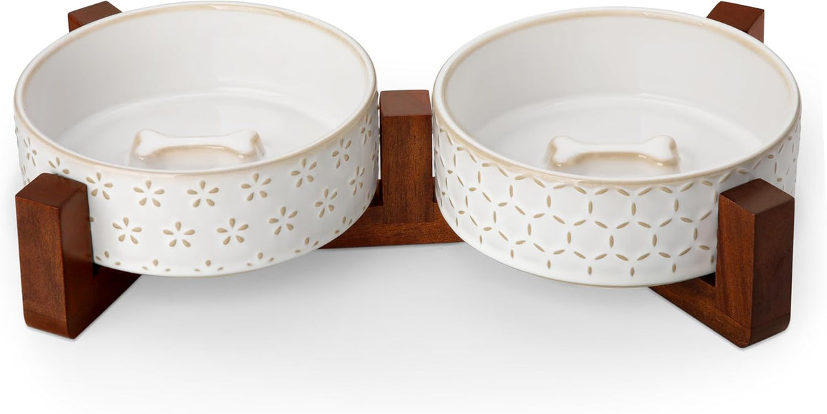 MALACASA Cat and Dog Bowl Set, Ceramic Bowls with Walnut Wood Stand, 2 Cups