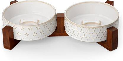 MALACASA Cat and Dog Bowl Set, Ceramic Bowls with Walnut Wood Stand, 2 Cups