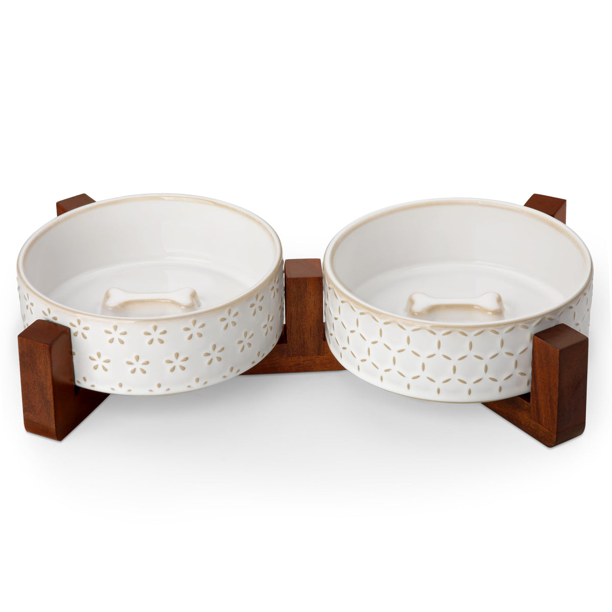MALACASA Cat and Dog Bowl Set, Ceramic Bowls with Walnut Wood Stand, 2 Cups