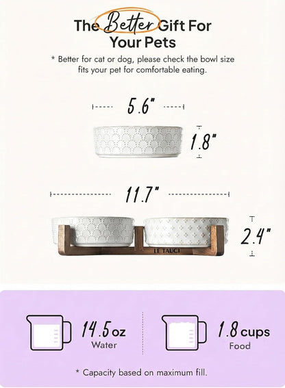 LE TAUCI Dog Bowl Set with Acacia Wood Stand - 1.8-Cup Ceramic Puppy Bowls for Small Dogs, Dual Food and Water Bowls with Weighted Non-Slip Base