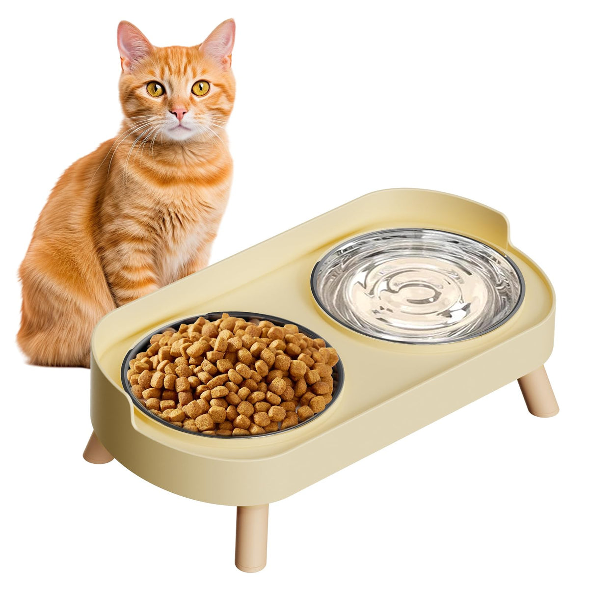 Elevated Cat Bowl, Raised Cat Food and Water Bowl Set for Indoor Cats, Splash Proof with 2 Stainless Steel Pet Food Bowls for Cats and Puppies, Whisker Fatigue and Dishwasher Safe - Purple