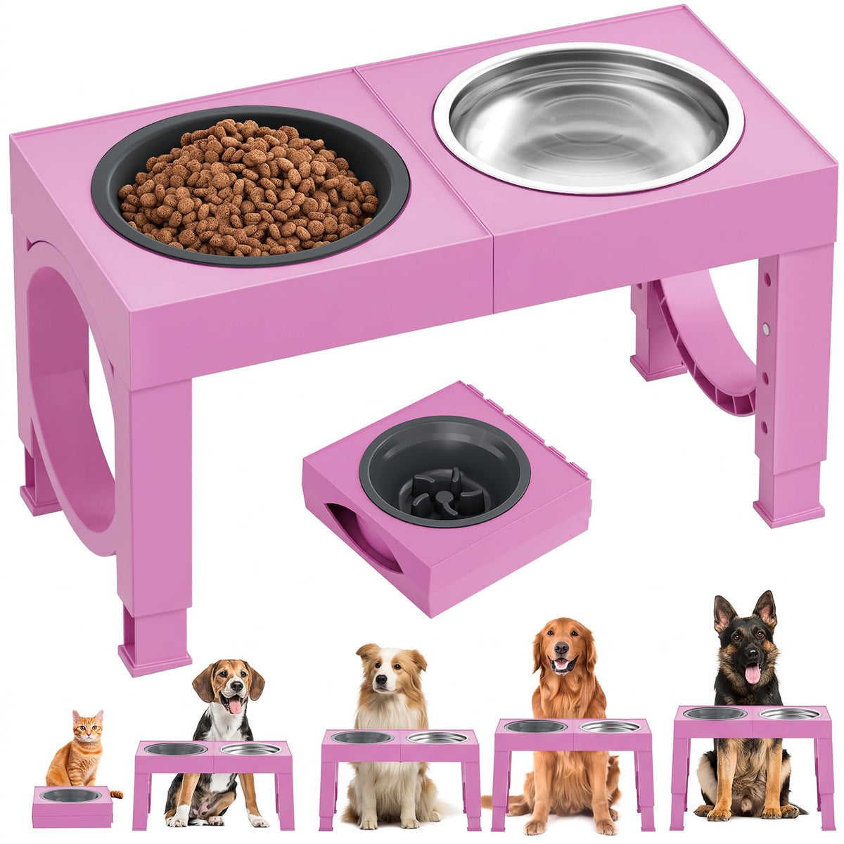 XIAZ Elevated Dog Bowls Large Breed Raised Dogs Bowl Stand Large/Medium Sized Dog Slow Feeder Dogs Bowls Food Water Stands 5 Heights Adjustable 9/11/12/14in Pet Feeder Dish Station