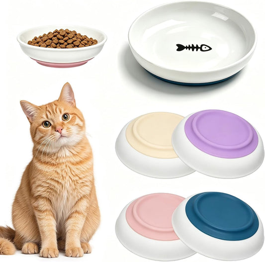 4 PCS Ceramic Cat Bowls with Silicone Base, Shallow Wide Cat Plates