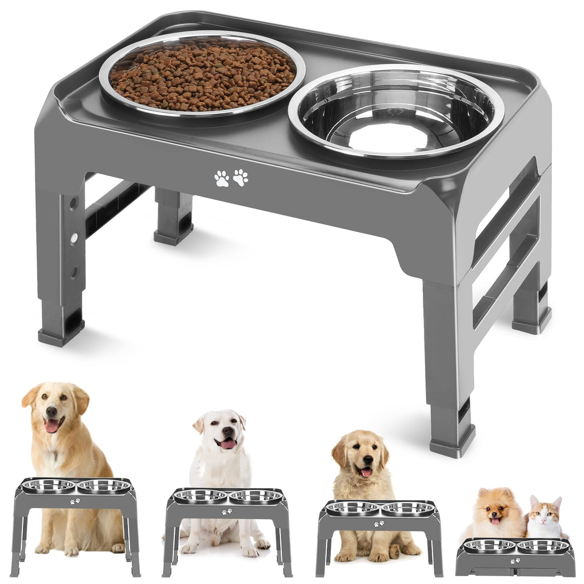 COMESOON Elevated Dog Bowls, 4 Height Adjustable Raised Bowl Stand with 2 Thick 50oz Stainless Steel Food Bowls Non-Slip Feeder Adjusts to 3.7'', 9.2'', 10.75'', 12.36'' Black, (DB-W01)
