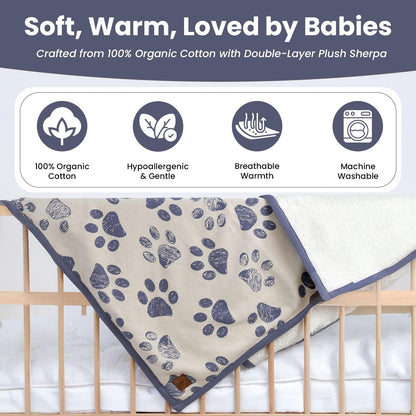 Small Pet Blanket - 100% Organic Cotton, Double Layer Plush Sherpa, Soft Plush, Blue Paw Jacquard Knit, 30"x40", Small Dog Blanket, Ideal Cat Blanket - Soft and Warm