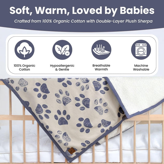 Small Pet Blanket - 100% Organic Cotton, Double Layer Plush Sherpa, Soft Plush, Blue Paw Jacquard Knit, 30"x40", Small Dog Blanket, Ideal Cat Blanket - Soft and Warm
