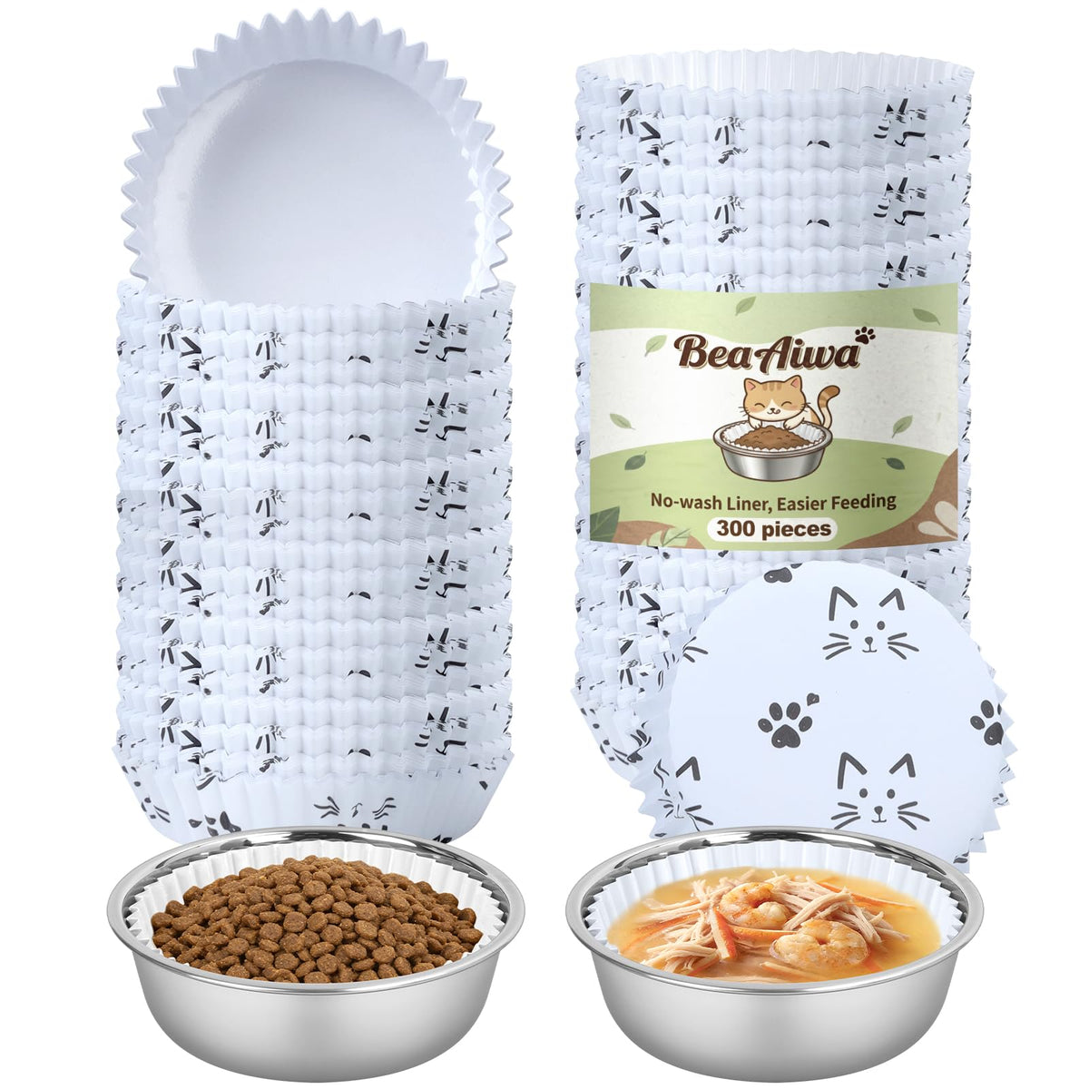 Cat Bowl Set (300 Disposable Pet Bowl Liners with 2 Stainless Steel Bowls)