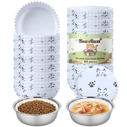 Cat Bowl Set (300 Disposable Pet Bowl Liners with 2 Stainless Steel Bowls)