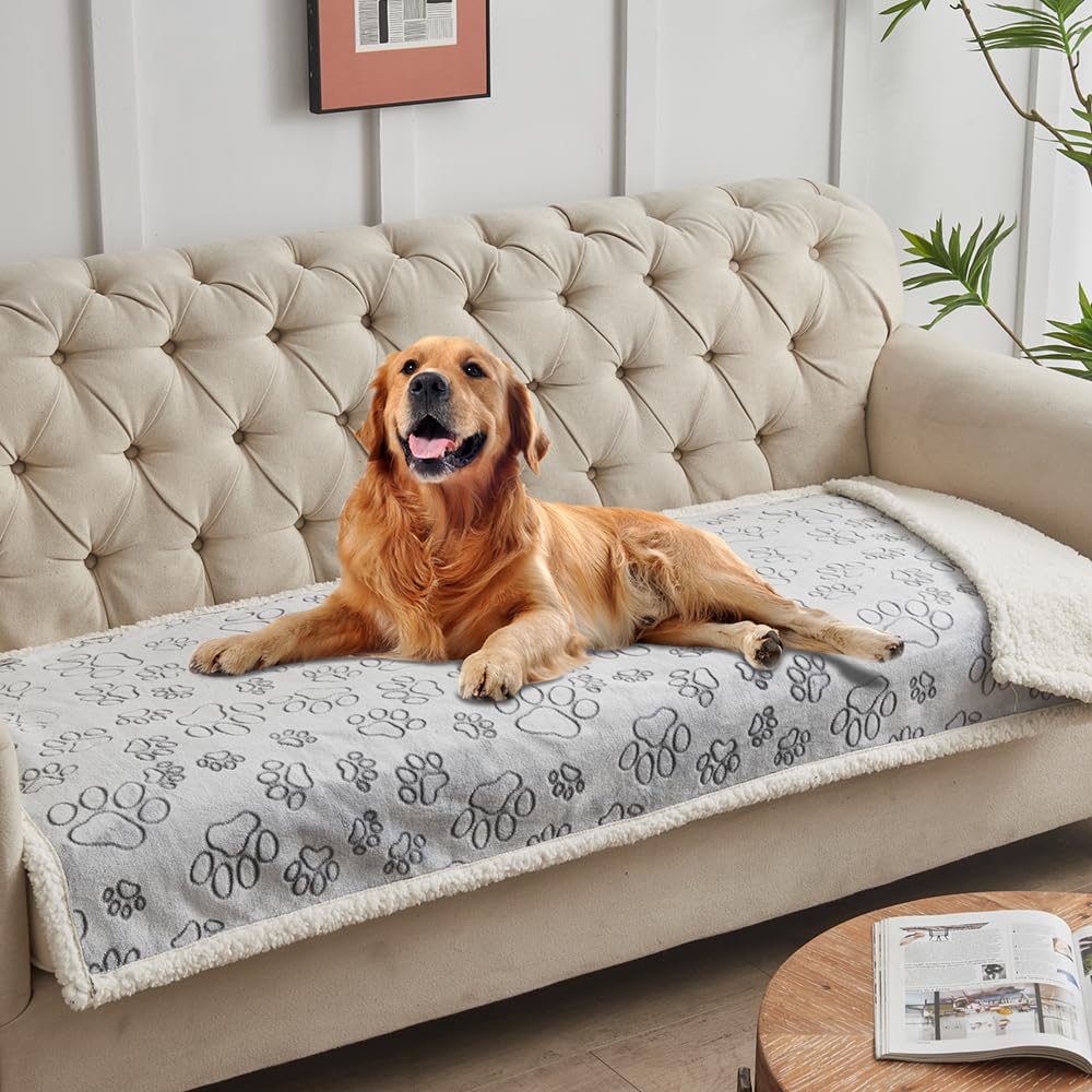 Qeils Dog & Cat Blankets - Waterproof Washable - Sherpa, Plus Plush Reversible, 25"X30", Grey Paw Print