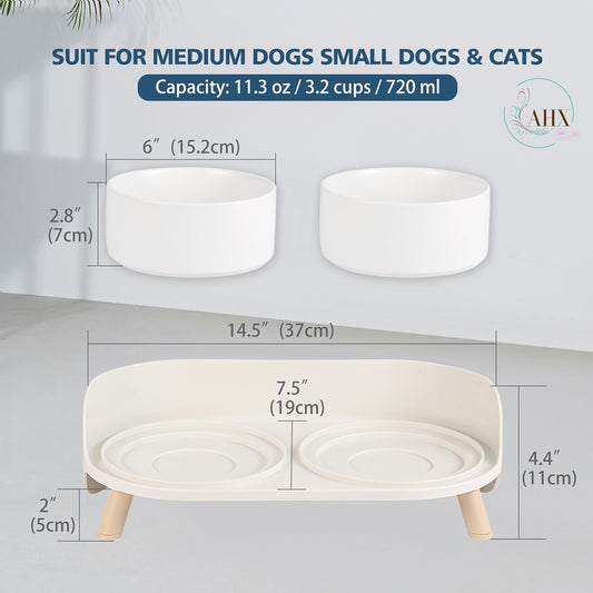 Elevated Ceramic Dog Bowl Set - Double Dog Feeding Bowls with Stand Splash Proof - Raised Dishes for Food and Water - Ideal for Small to Medium Dogs - 2 x 720 ml - 11.3 oz - White