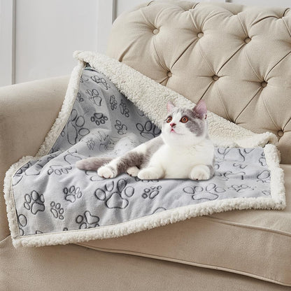 Qeils Dog & Cat Blankets - Waterproof Washable - Sherpa, Plus Plush Reversible, 25"X30", Grey Paw Print