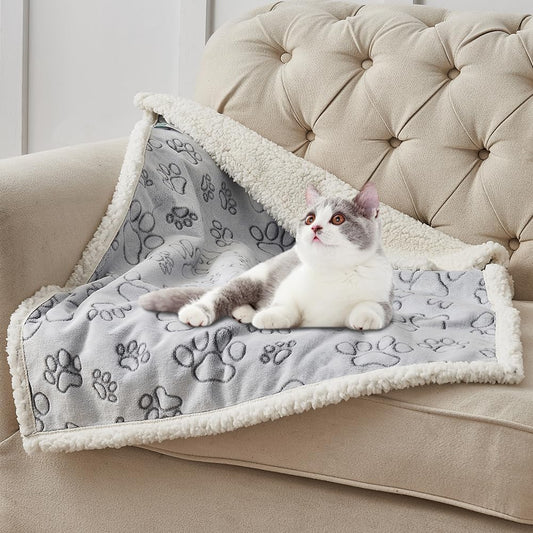 Qeils Dog & Cat Blankets - Waterproof Washable - Sherpa, Plus Plush Reversible, 25"X30", Grey Paw Print