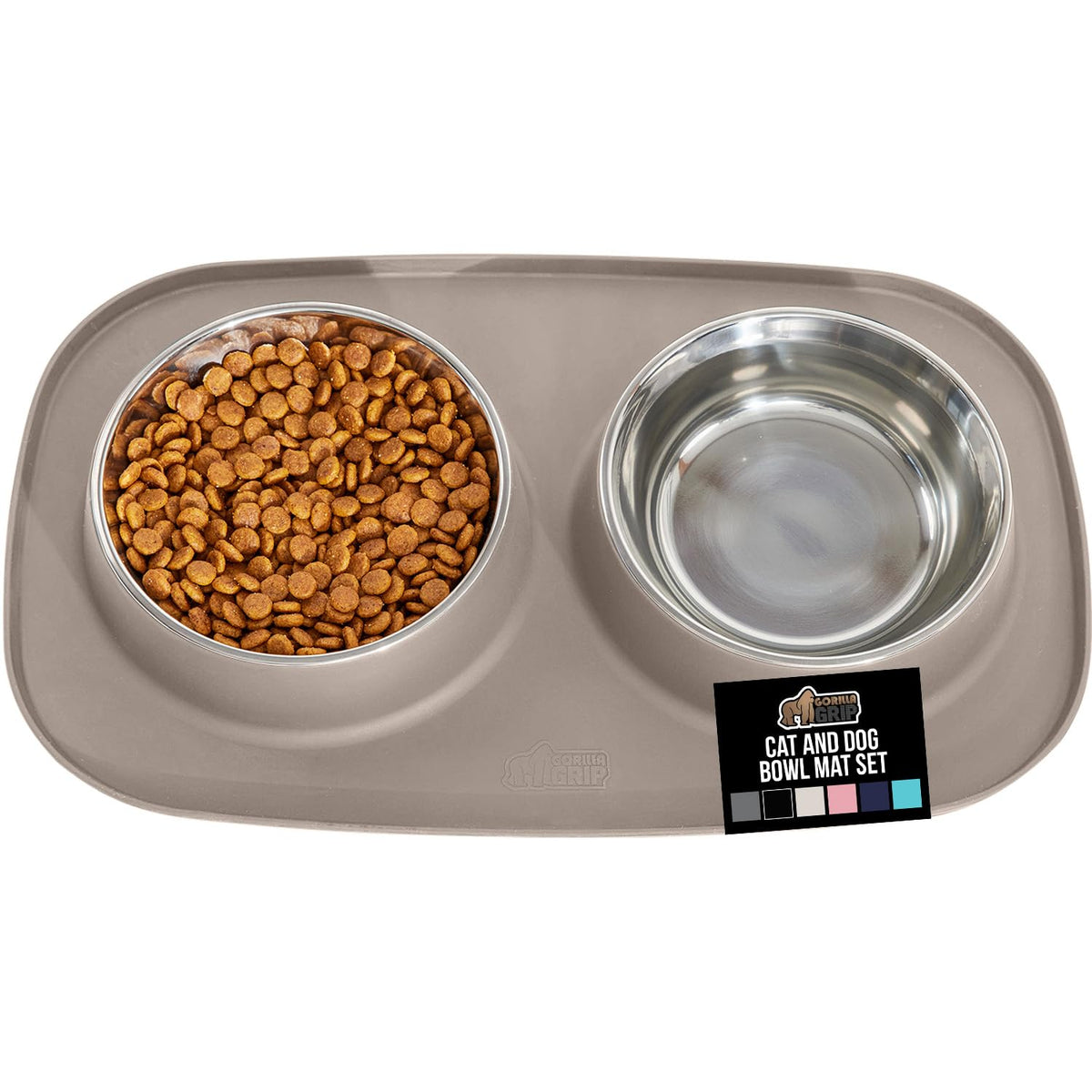 GORILLA GRIP Dog Bowl Set with Feeding Mat, 304 Stainless Steel, 2 Cup Gray