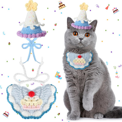 2 Pcs Cat Birthday Outfit, Birthday Hat, Knit Bib for Dog,Pet, Cream Yellow