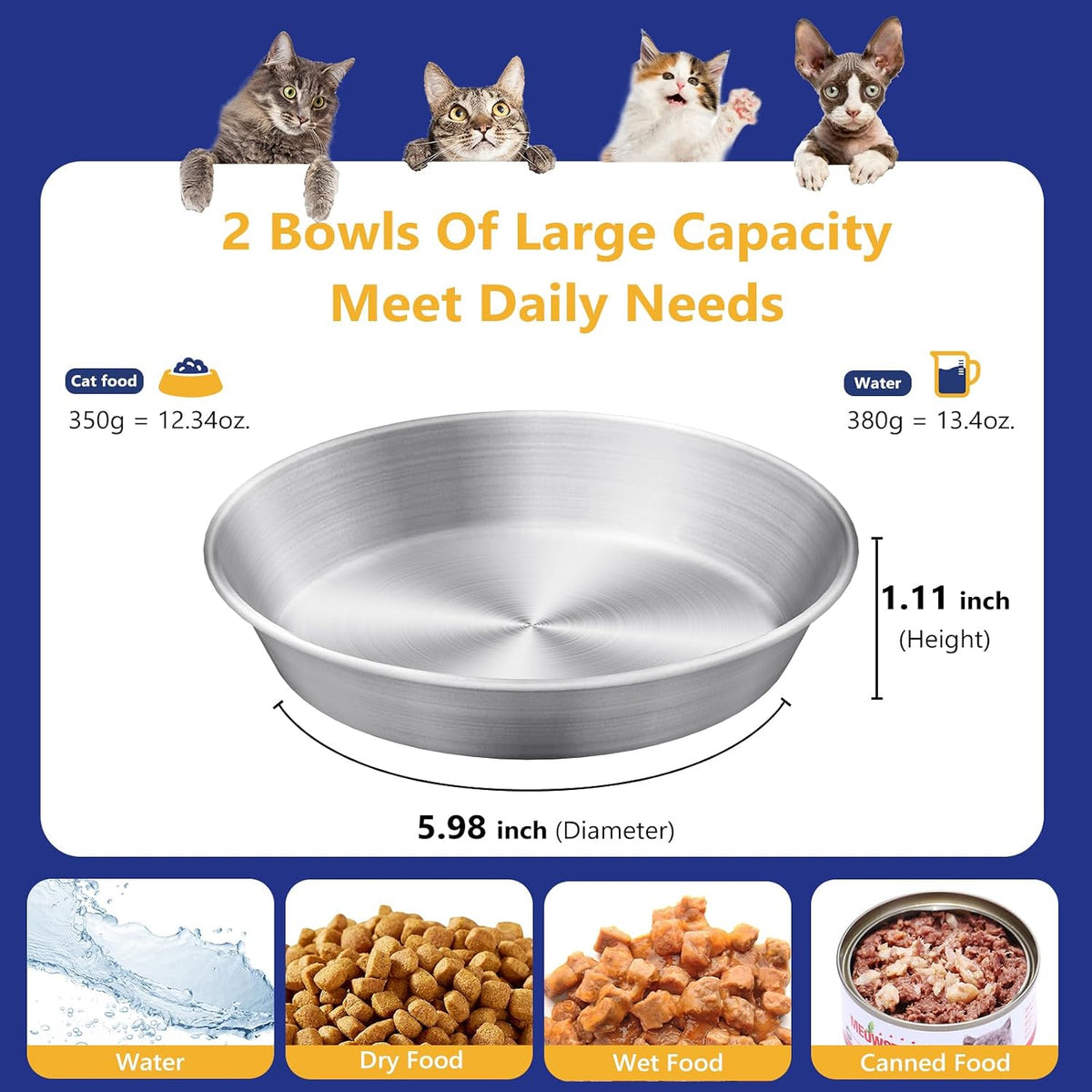 2-Pack 304 Stainless Steel Cat Food Bowls, Non-Slip Basic Dishes