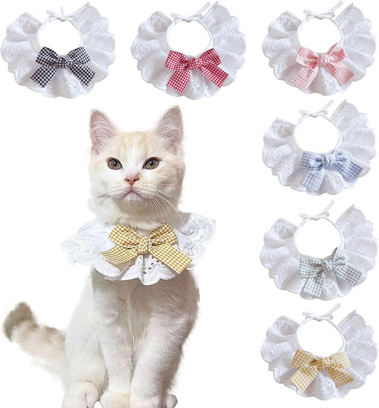 6PCS Pet Lace Bib, Sweet Cat Bandana with Bow, Cotton Dog Saliva Towel, Cute Round Neck Scarf for Kitty Puppy Extra Small Dog (Large)