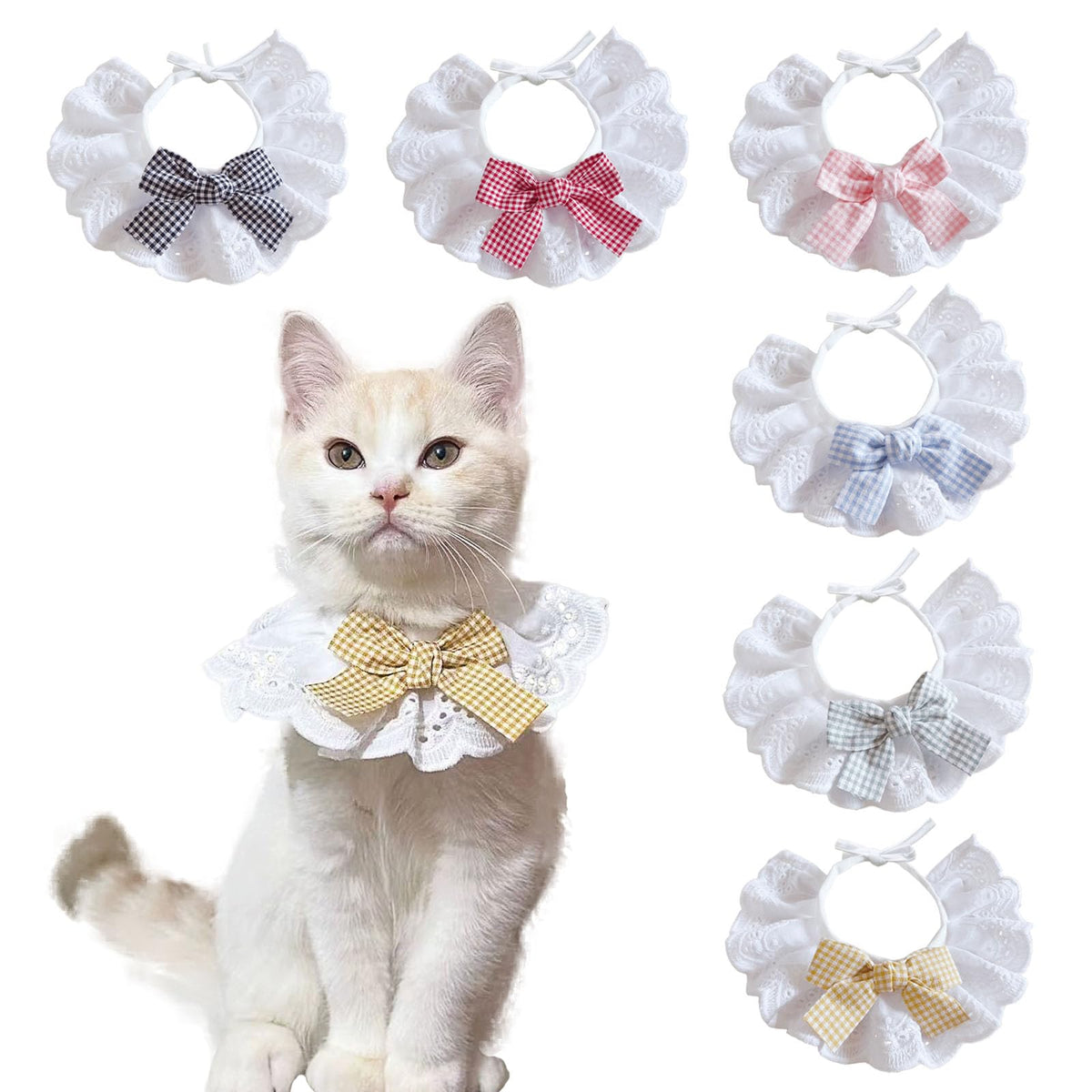 6PCS Pet Lace Bib, Sweet Cat Bandana with Bow, Cotton Dog Saliva Towel, Cute Round Neck Scarf for Kitty Puppy Extra Small Dog (Large)