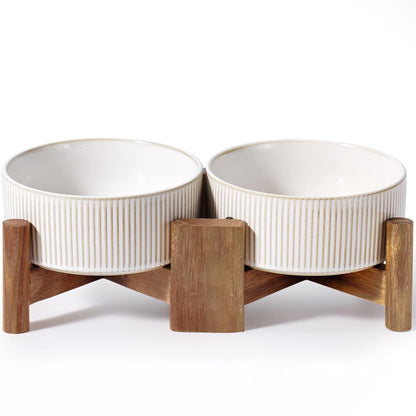 Getstar Ceramic Dog Bowls Set with Acacia Wood Stand, 3.5 Cups Pet Bowls Set of 2 for Medium Dogs, Cute Dog Raised Food Bowl, Cat Bowls