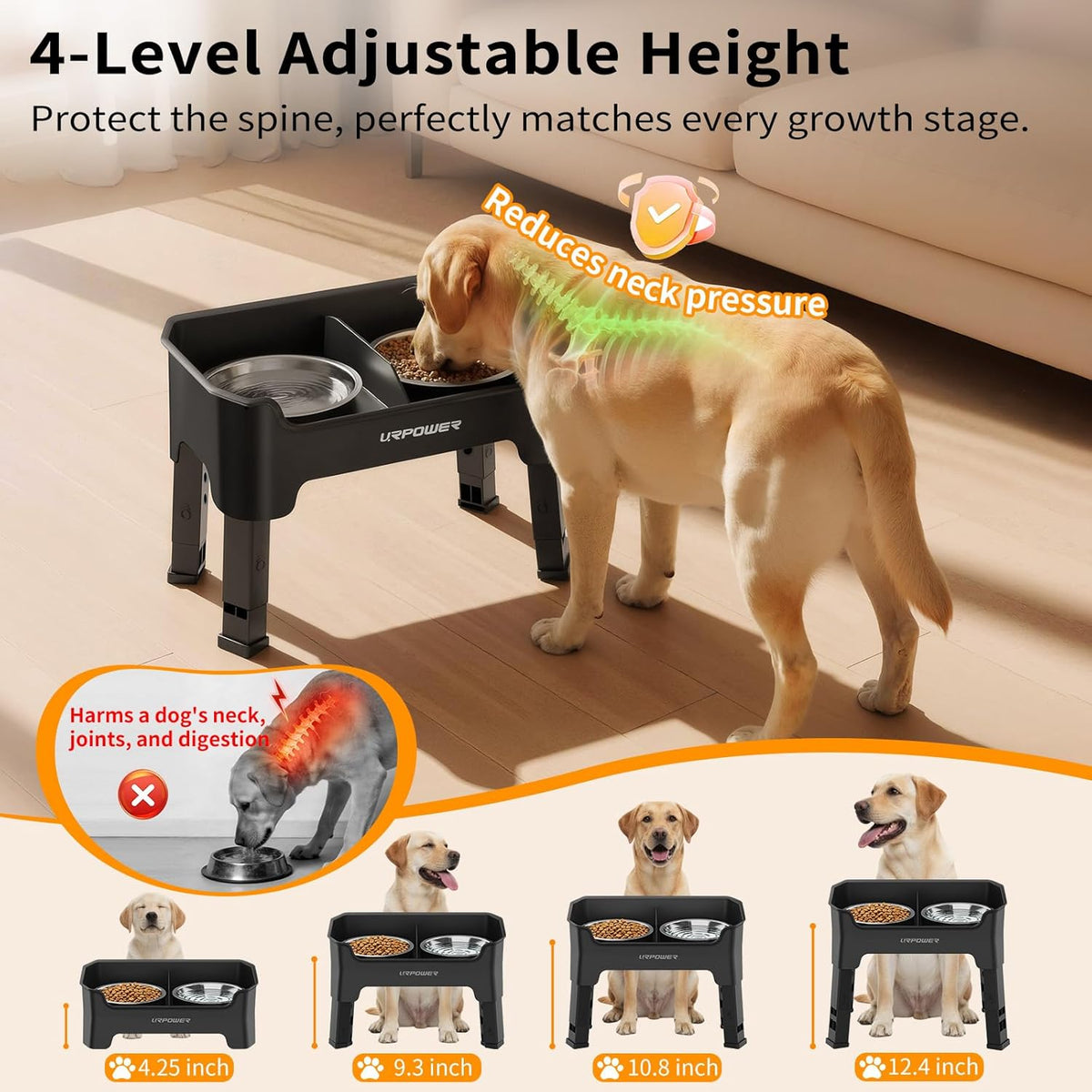 URPOWER Mess Proof Elevated Dog Bowls, Splash Guard Raised Bowl Stand