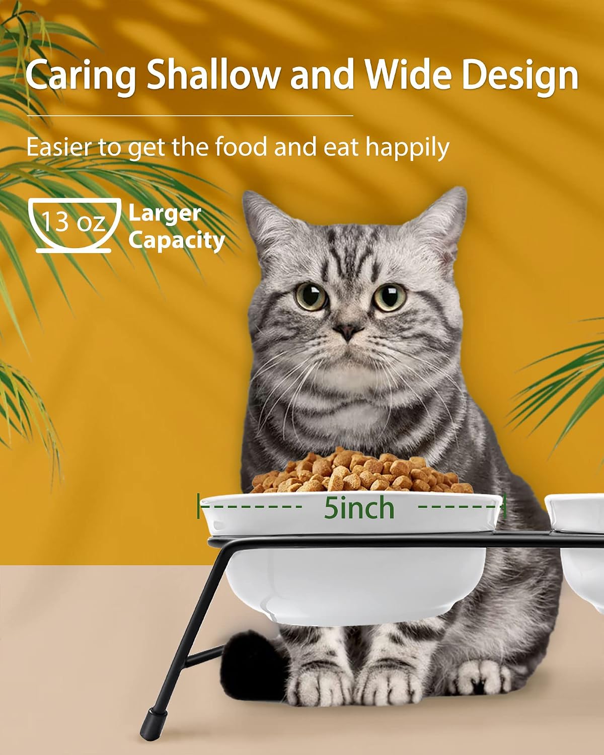 Anti-Vomiting Raised Cat Bowls - 2 × 13 oz Ceramic Cat Food & Water Bowls with Non-Slip Stainless Steel Stand, Dishwasher Safe for Indoor Cats