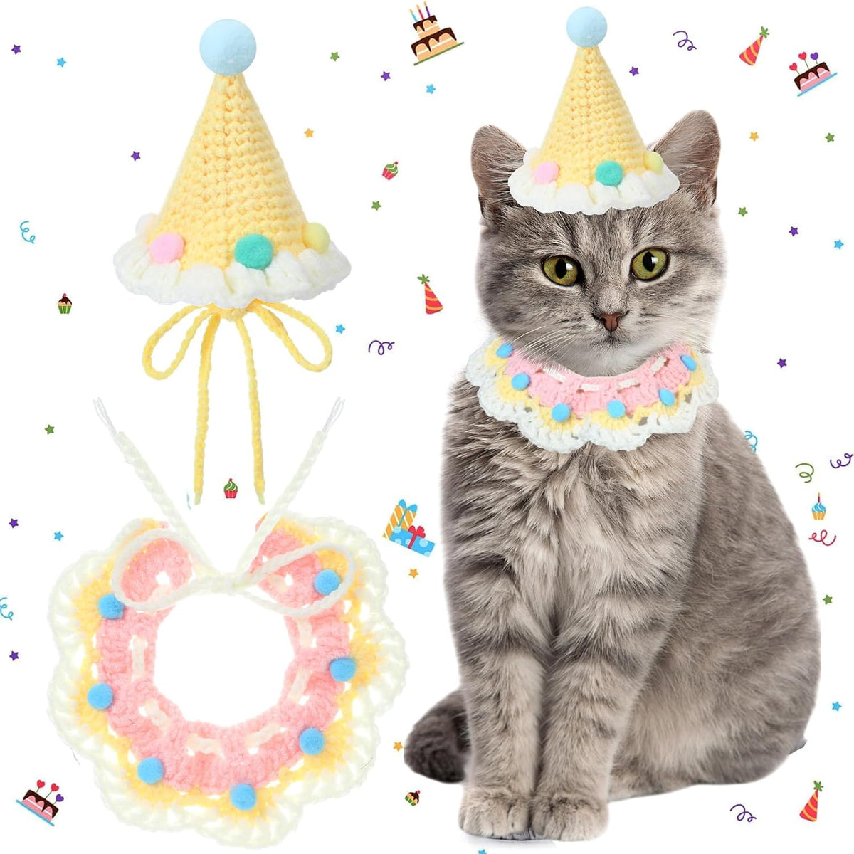 2 Pcs Cat Birthday Outfit, Birthday Hat, Knit Bib for Dog,Pet, Cream Yellow