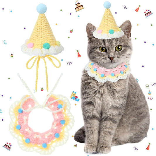 2 Pcs Cat Birthday Outfit, Birthday Hat, Knit Bib for Dog,Pet, Cream Yellow