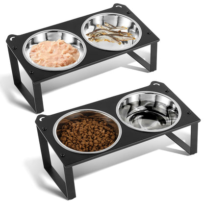2 Set Elevated Cat Food Water Bowls, 4 Stainless Steel Bowls for Indoor Pet with Cute Metal Stand, 10° Tilted Anti-Vomiting Wide Shallow Raised Cat Dishes Whisker Friendly for Multiple Kitten,Puppy