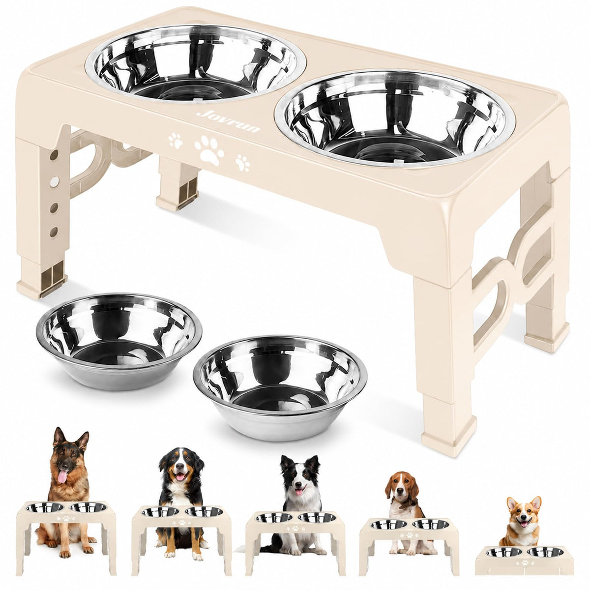 Jovrun Elevated Dog Bowls for Small Dogs and Cats, Non-Slip Cat Bowls with 2 Thick 5.5" Stainless Steel Dishes, Dog Feeder 2 Heights Adjustable to 2.6"-5.3"