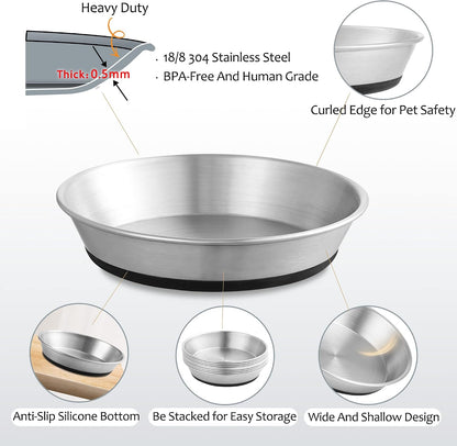 WROSWT Stainless Steel Cat Bowls,Whisker Friendly Shallow Cat Dishes for Food and Water,Non-Slip Silicone Bottom,Heavy Duty,Replacement Kitten Metal Plate for Elevated Stands,2 Pack