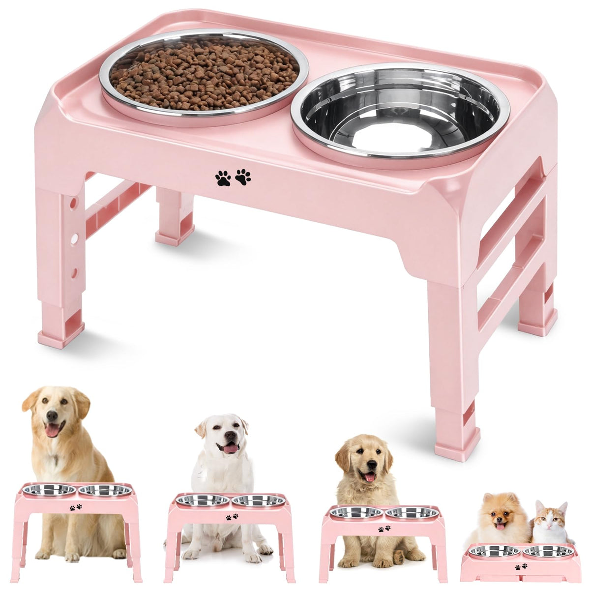 COMESOON Elevated Dog Bowls for Small Medium Dogs, 3 Height Adjustable Raised Stand with 2 Thick 6" Stainless Steel Food Bowls, Non-Slip Feeder Adjusts to 2.75", 6", 7.5", Black