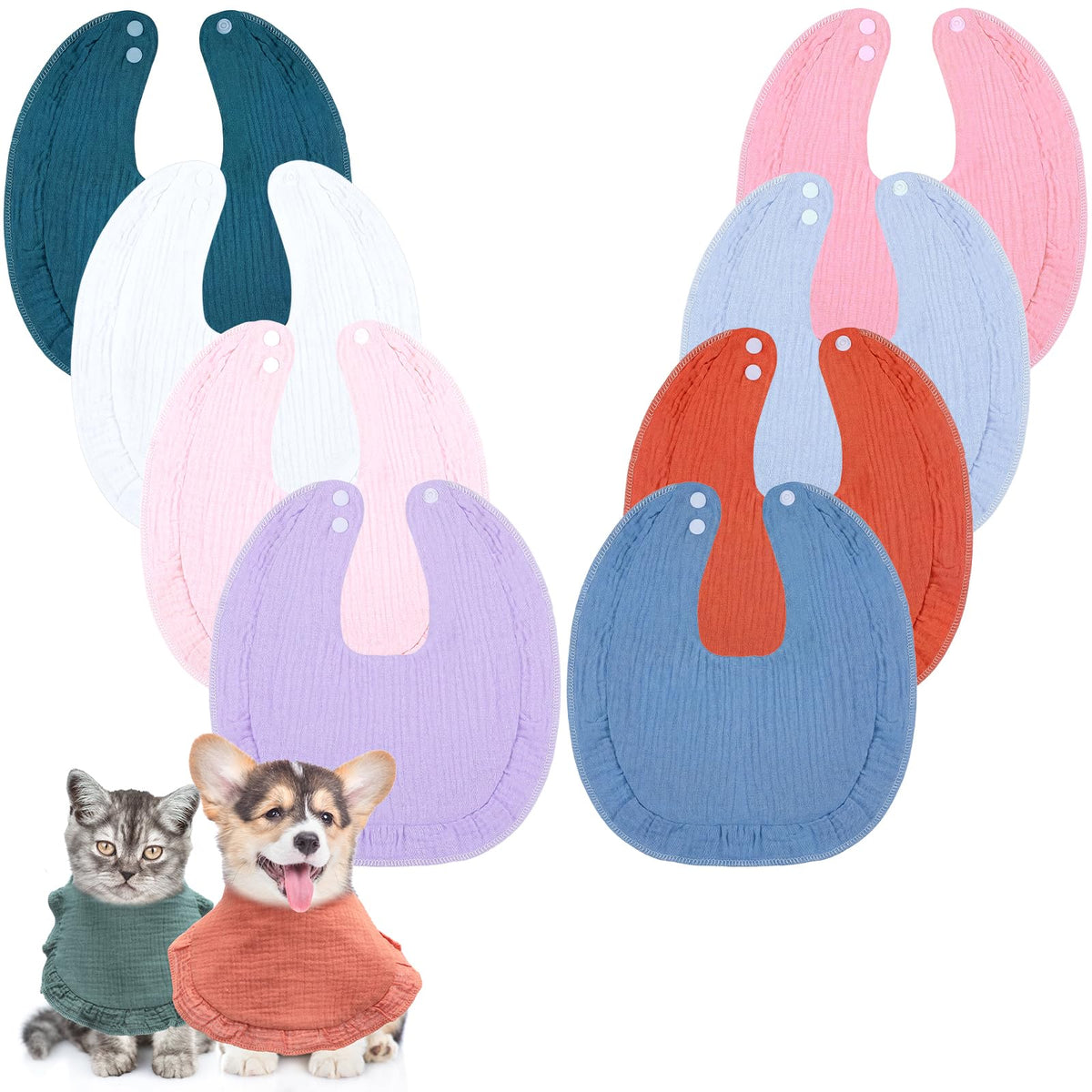 Shinylin 8 Pcs Muslin Cotton Square Bandanas Reversible Pet Bibs Scarf Pet Scarves with Two Snaps Apparel Accessories Kerchief for Small to Medium Puppy Cat(Classic Color)