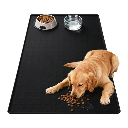 Extra Large 34x22 Inch Machine Washable Silicone Pet Food Mat - Waterproof Dog & Cat Bowl Mat with Raised Edge, Non-Slip Floor Protector for Large Dogs, Multi-Pet Homes (Grey)