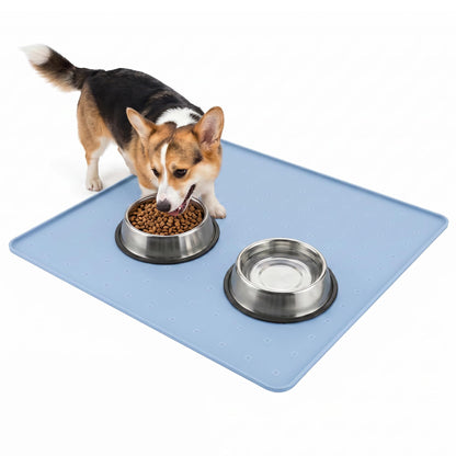 Extra Large 34x22 Inch Machine Washable Silicone Pet Food Mat - Waterproof Dog & Cat Bowl Mat with Raised Edge, Non-Slip Floor Protector for Large Dogs, Multi-Pet Homes (Grey)
