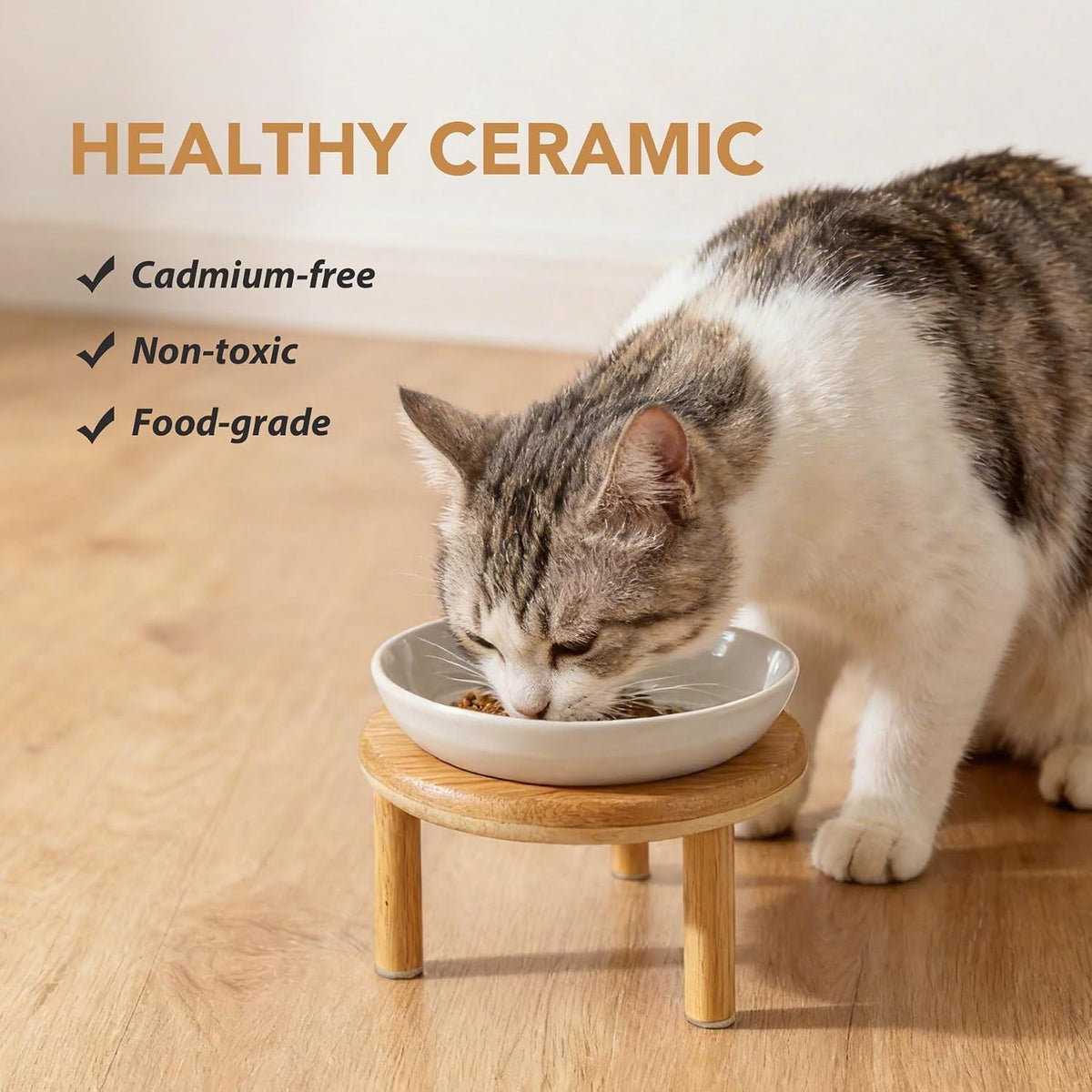 Havniva Elevated Cat Bowls, Ceramic Cat Bowl with Bamboo Stand Wide Opening