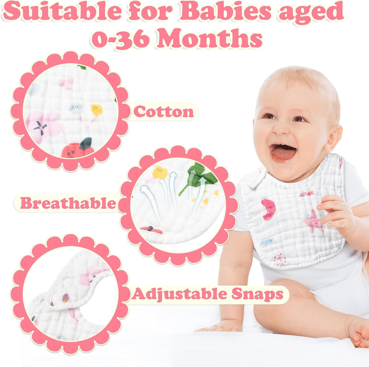 Zainpe 6Pcs Snap Muslin Cotton Baby Bibs