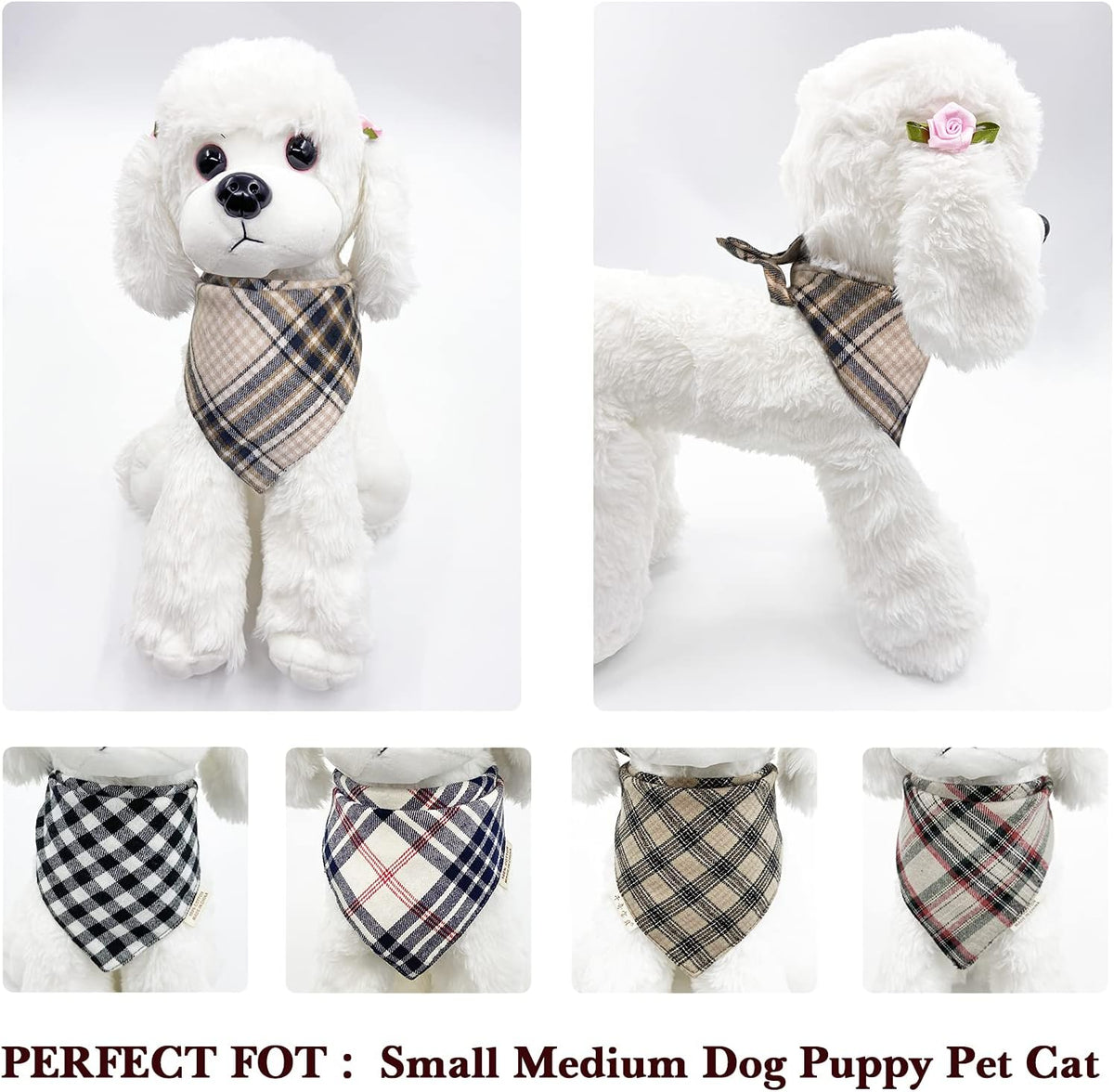 5PCS Dog Bandanas with Button - Thick Triangle Bibs Dual Layer Soft Cotton Scarves for Small Medium Boy Girl Puppy Cat Pet Baby Square Plaid Printing Washable Kerchief Halloween Costumes Outfits