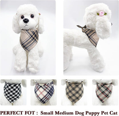 5PCS Dog Bandanas with Button - Thick Triangle Bibs Dual Layer Soft Cotton Scarves for Small Medium Boy Girl Puppy Cat Pet Baby Square Plaid Printing Washable Kerchief Halloween Costumes Outfits