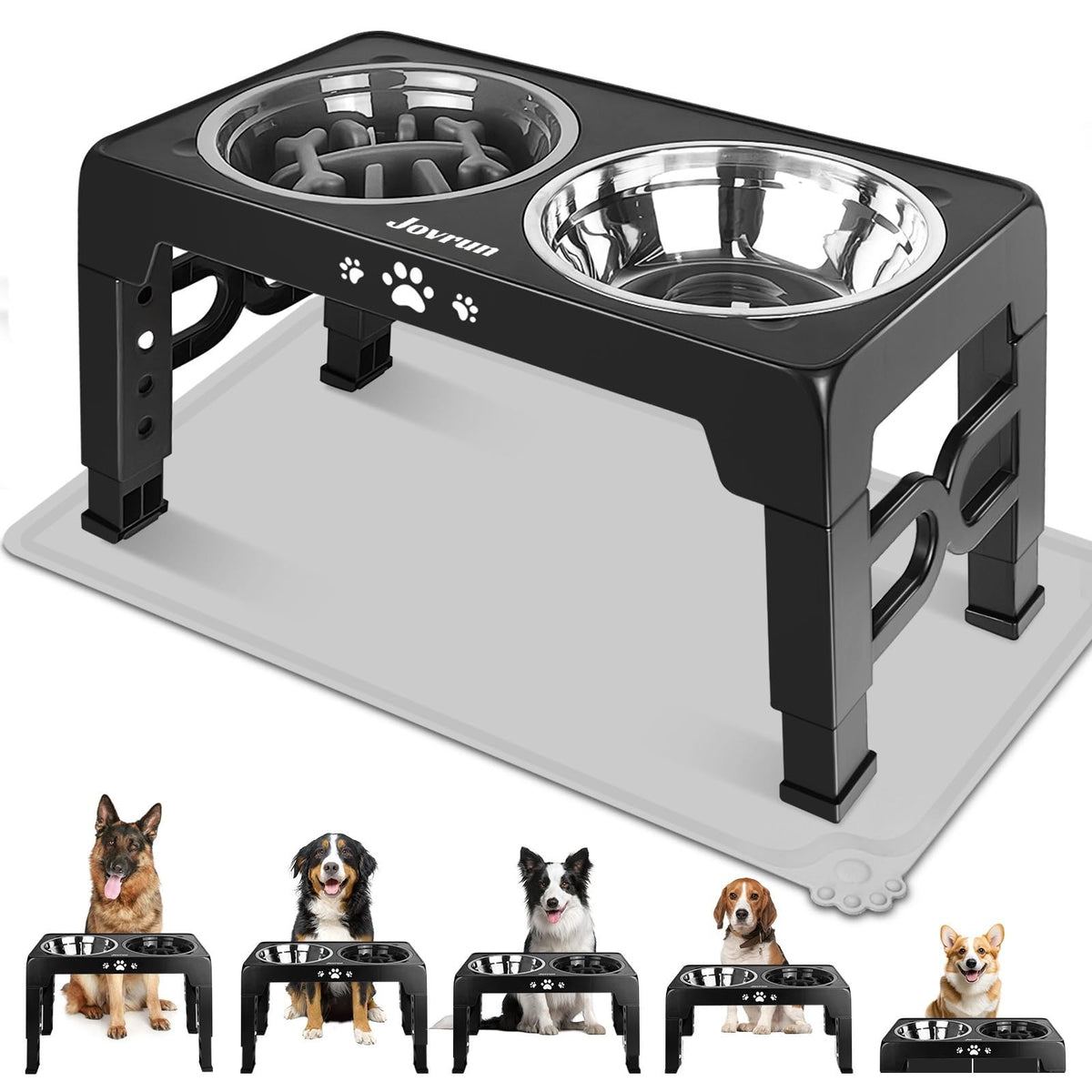 Jovrun Elevated Dog Bowls for Small Dogs and Cats, Non-Slip Cat Bowls with 2 Thick 5.5" Stainless Steel Dishes, Dog Feeder 2 Heights Adjustable to 2.6"-5.3"