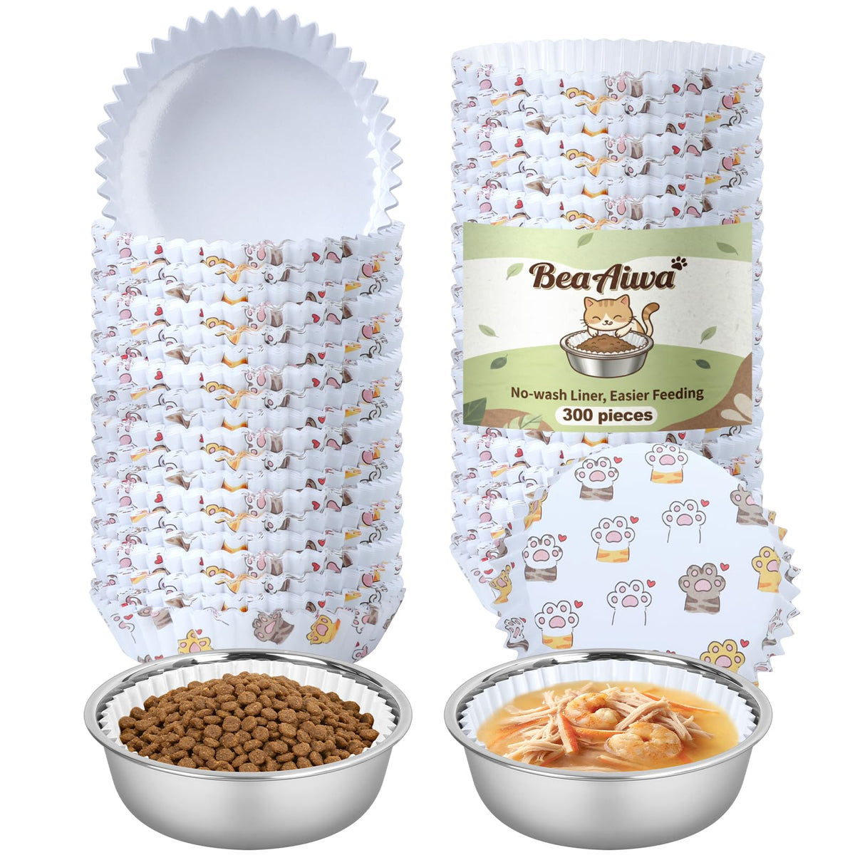 Cat Bowl Set (300 Disposable Pet Bowl Liners with 2 Stainless Steel Bowls)