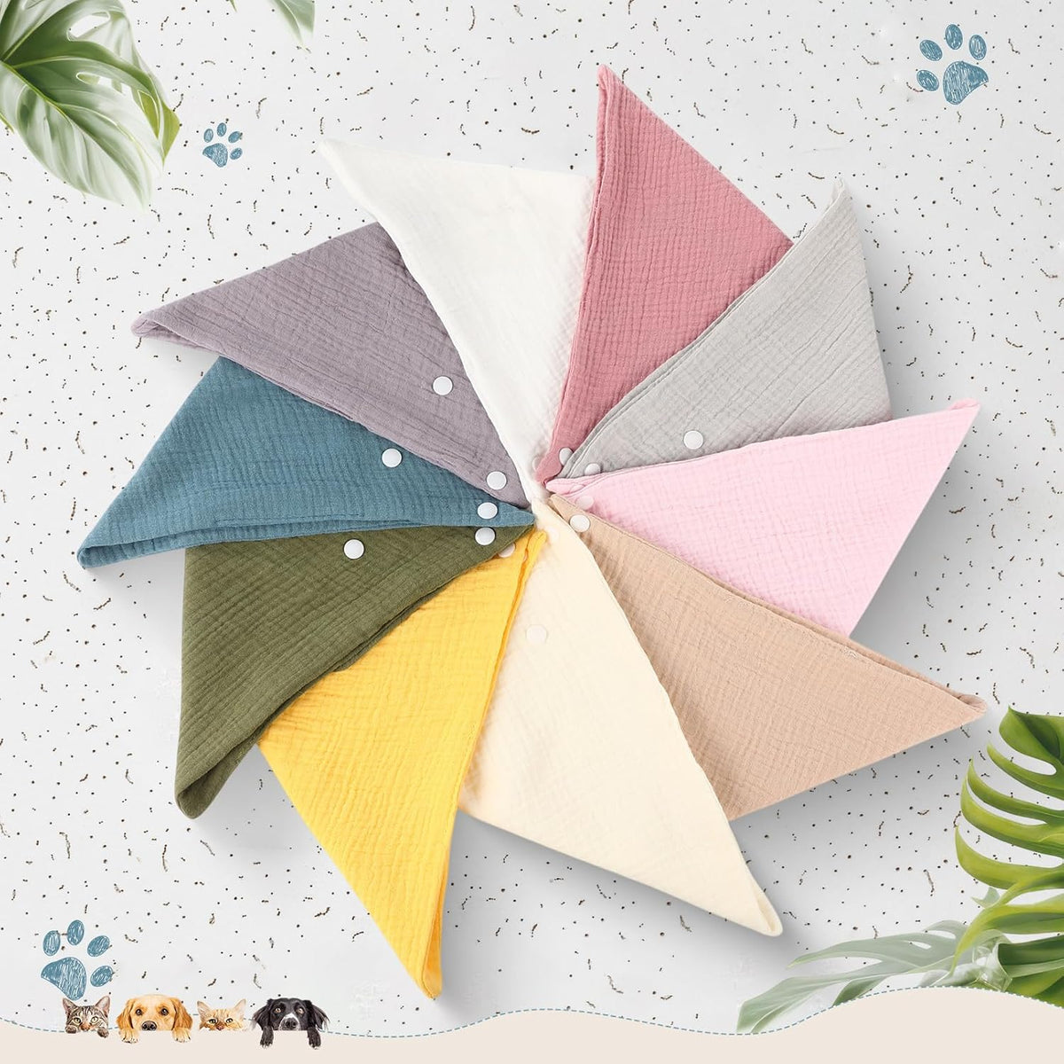 10 Pcs Muslin Cotton Triangle Dog Bandanas Reversible Pet Bibs Scarf Dog Scarves with Two Snaps Apparel Accessories Kerchief for Small to Medium Puppy Cat(Light & Bright Color)