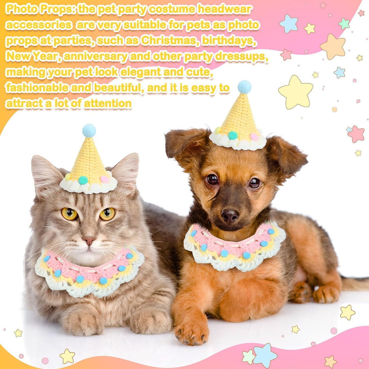 2 Pcs Cat Birthday Outfit, Birthday Hat, Knit Bib for Dog,Pet, Cream Yellow