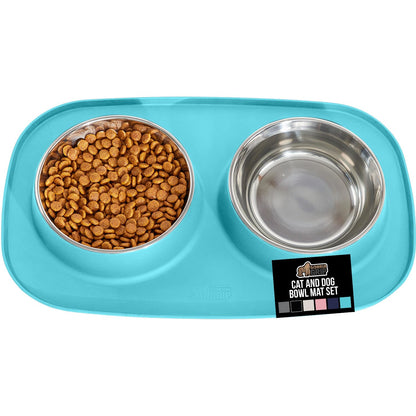 GORILLA GRIP Dog Bowl Set with Feeding Mat, 304 Stainless Steel, 2 Cup Gray