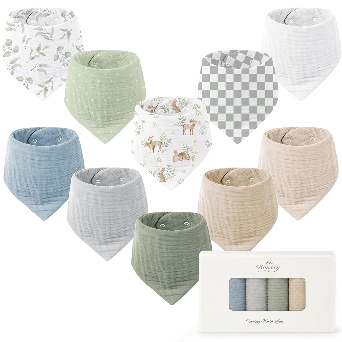 Konssy 10 Pack Baby Muslin Bandana Bibs for Drooling and Teething