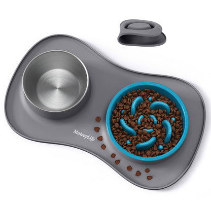 MateeyLife Dog Food and Water Bowl Set 3 in 1, Slow Feeder Dog Bowls & Stainless Steel Water Bowl with Non-Spill Silicone Mat, Cat and Puppy Bowls Pet Dishes for Small Medium Large Breed Anti-Choking
