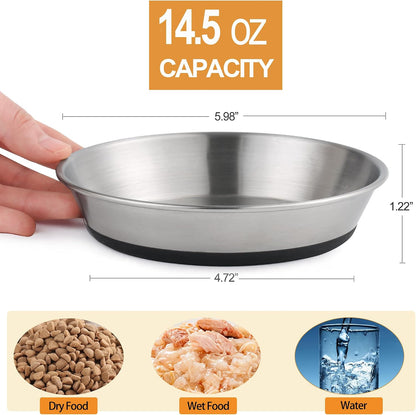WROSWT Stainless Steel Cat Bowls,Whisker Friendly Shallow Cat Dishes for Food and Water,Non-Slip Silicone Bottom,Heavy Duty,Replacement Kitten Metal Plate for Elevated Stands,2 Pack