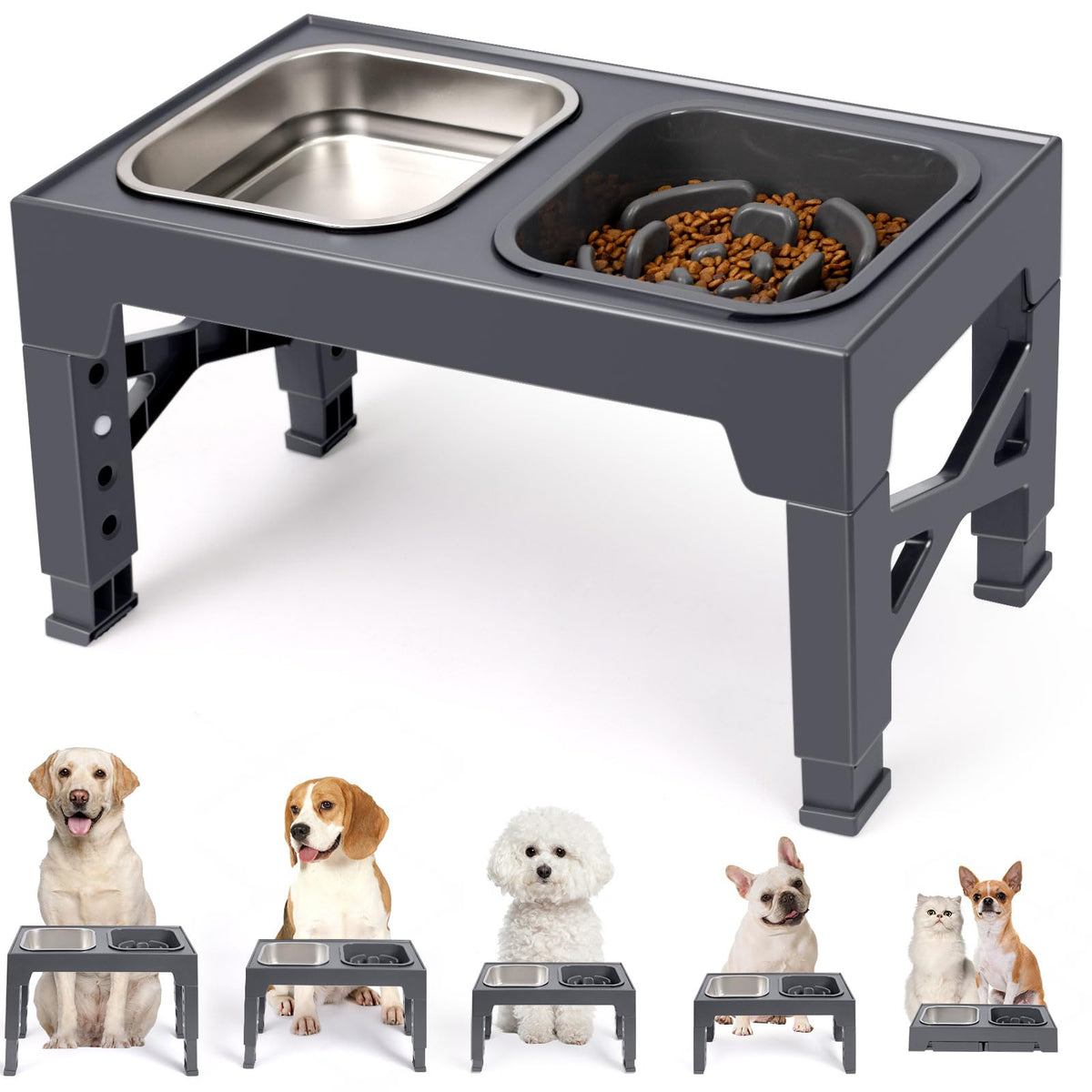 Niubya Elevated Dog Bowls with 2 Stainless Steel Dog Food Bowls, Raised Dog Bowl Adjusts to 5 Heights (3.15", 8.66", 9.84",11.02", 12.2") for Small Medium and Large Dogs
