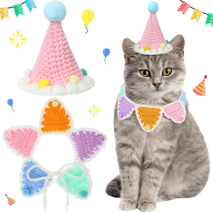 2 Pcs Cat Birthday Outfit, Birthday Hat, Knit Bib for Dog,Pet, Cream Yellow