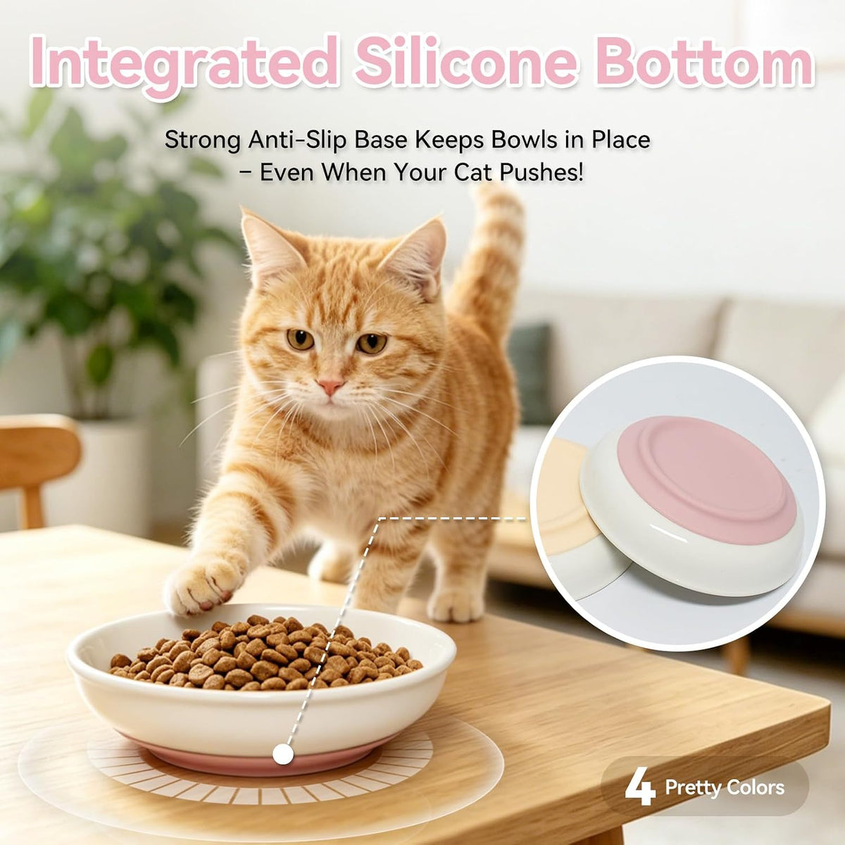 4 PCS Ceramic Cat Bowls with Silicone Base, Shallow Wide Cat Plates