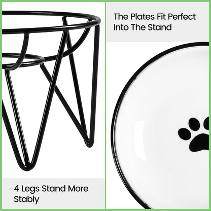 Ceramic Cat Bowls, 2 Pack - Raised, Whisker Friendly, Anti-Vomiting Cat Food Plates - Hygienic, Secure Material, Elegant Stand, 10 oz, for Indoor Cats & Kittens