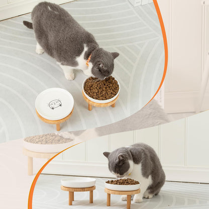 Lusifaco Shallow Wide Elevated Cat Bowls Whisker Fatigue (White, Set of 2)